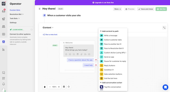 Intercom Screenshot: Chatbot Builder