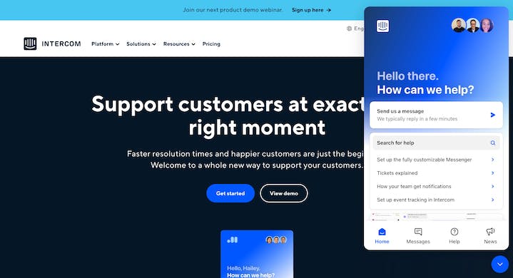 Intercom Screenshot: Home Page w/Messenger