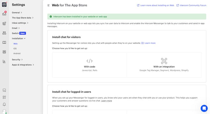 Intercom Screenshot: Installation Settings