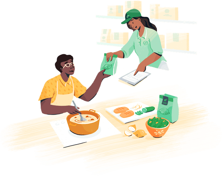 Illustration: Grocery employee handing bag to person making soup